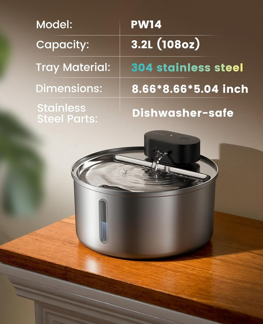 oneisall Wireless Cat Water Fountain for Drinking 3.2L | Stainless Steel Dishwasher Safe Cat Fountain,20db Silent Pump,4000mAh Battery Operated Pet Water Dispenser Motion Sensor