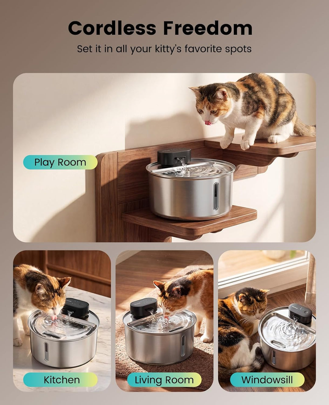 oneisall Wireless Cat Water Fountain for Drinking 3.2L | Stainless Steel Dishwasher Safe Cat Fountain,20db Silent Pump,4000mAh Battery Operated Pet Water Dispenser Motion Sensor