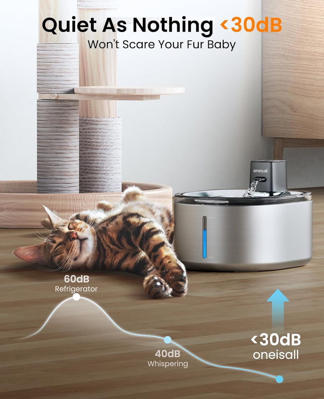 Oneisall 4L Cordless Cat Water Fountain With 304 Stainless Steel